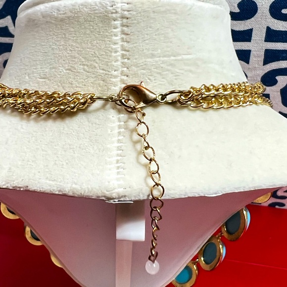 Bold Turquoise Multi-Strand Statement Bib Necklace – Gold Tone Oval Cabochons - Picture 6 of 6